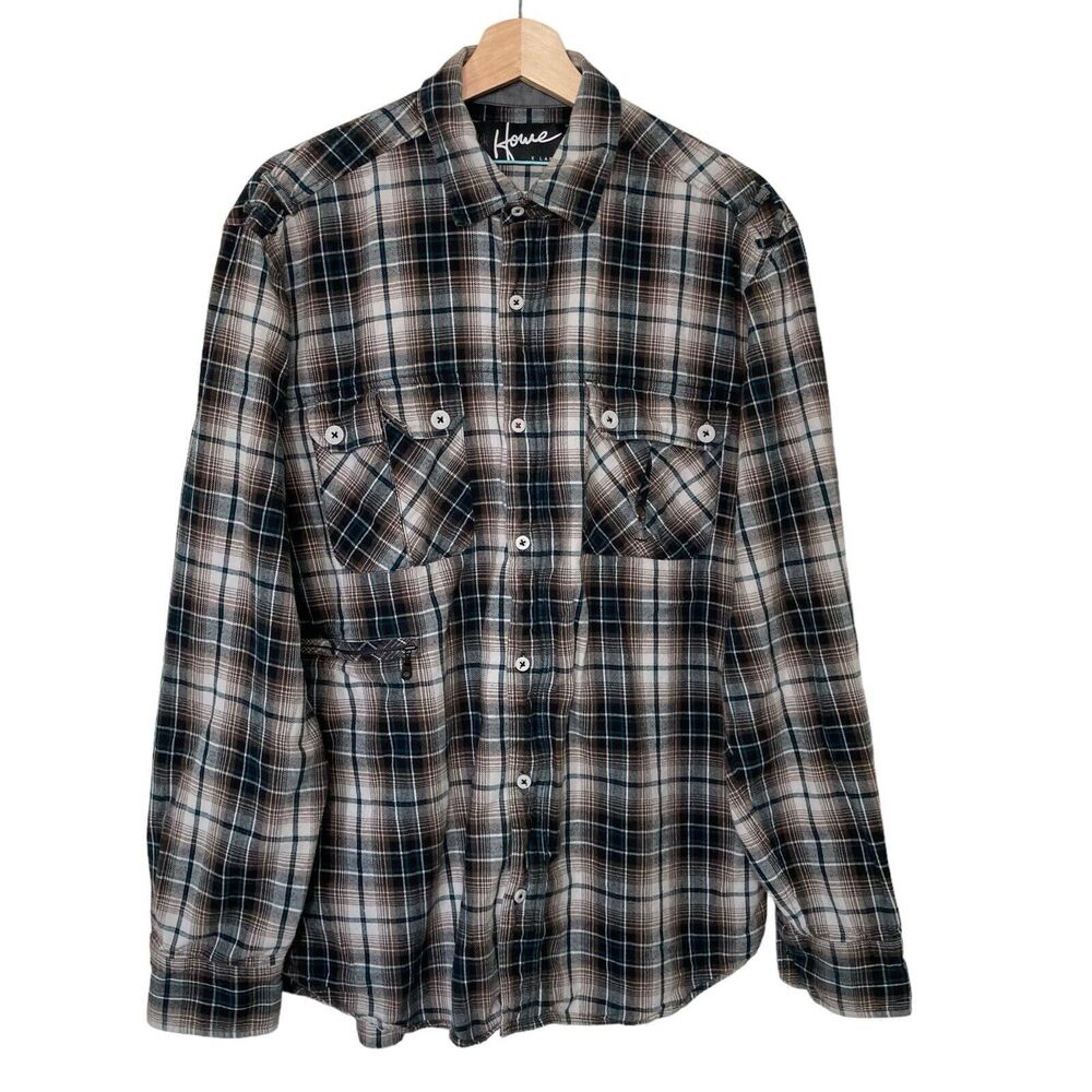 Howe Shirt Men's XL Button Down Full Zip Long Sleeve Blue Plaid Flannel Shacket